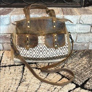 Myra Leather Canvas Woven Shoulder Bag